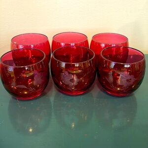 Vintage Floral Etched Cranberry Roly Poly Glasses.  Set of 6